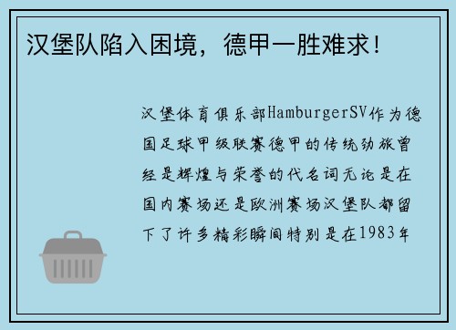 汉堡队陷入困境,德甲一胜难求!
